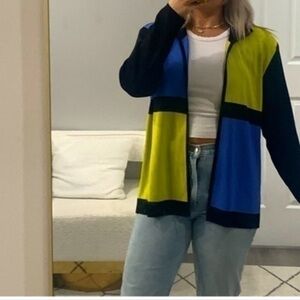 Exclusively Mistook Vintage Color Block Open Front Cardigan Collared Sweater L